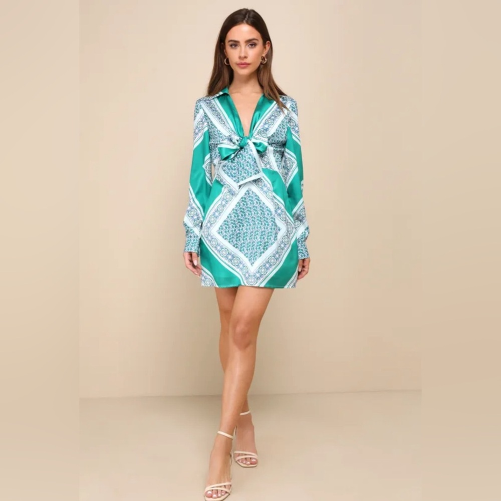 Lulu’s | NWT Traveling Spirit Satin Tie Front Scarf Mini Dress